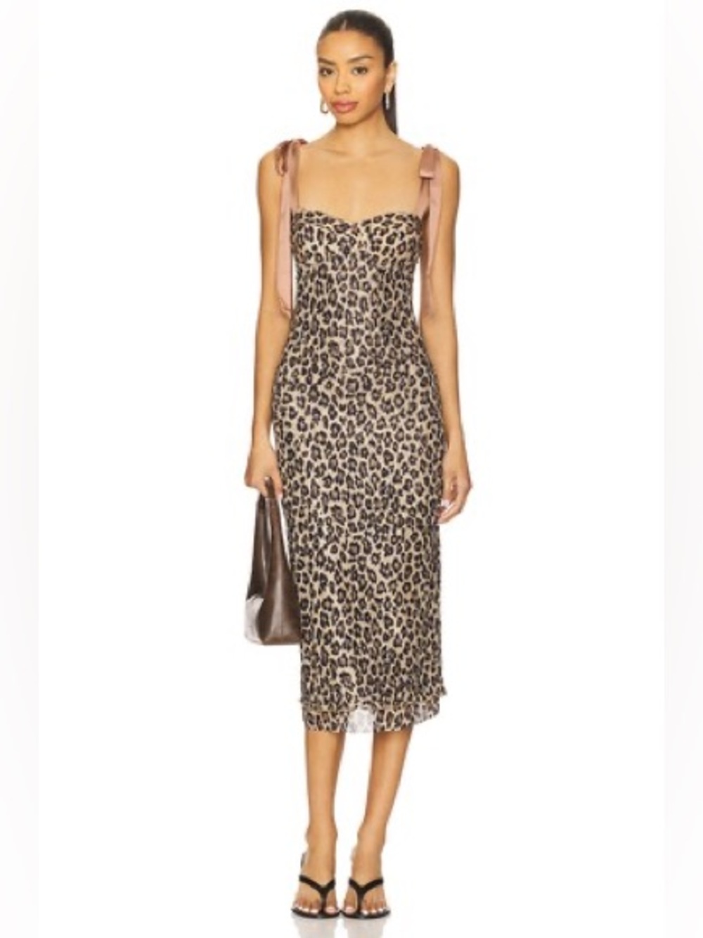 Free People Leopard-Print Midi Dress in Beige and Black with Tie Straps